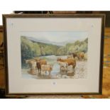 After Roger Lee Highland cattle in an extensive landscape Artist's proof print, titled verso