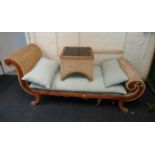 A teak wood and woven sea grass 'Grecian' style conch, with scroll ends and loose fabric squab and