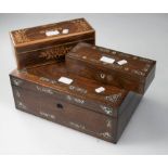 A Victorian rosewood and mother of pearl inlaid writing slope, with vacant interior, a French