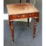 An early Victorian mahogany two flap occasional table, with single frieze drawer, raised on four