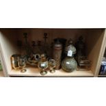 A mixed lot of brass, including a pair of small 'Thousand Eye' lamps, pair of table candlesticks,