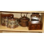 A George III tea caddy, reproduction mantel clock, Venetian book ends, copper kettle and other