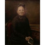 19th century British School Three quarter length portrait of an austere lady, seated, wearing a