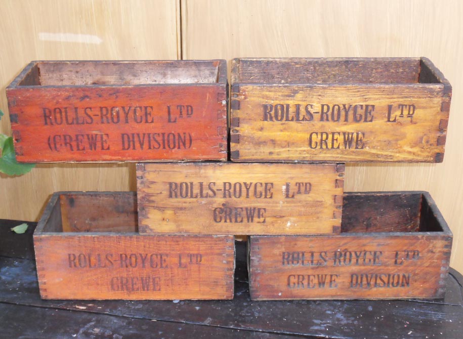 Rolls-Royce factory tool and gauge stores boxes, five pine combtailed construction boxes that were