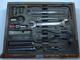 Veneered drawer with a toolkit, possibly for a Silver Wraith or Bentley Mk VI
