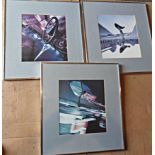 Rolls-Royce suite of three framed Parisian publicity pictures, matching brushed metal frames, 20 1/2