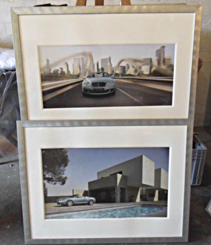 Bentley GTC large framed showroom pictures, two large colour matching pictures mounted and framed in