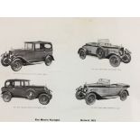 An Edwardian Morris car promotional illustration, featuring four pre-war MG vehicles, in an oak