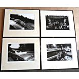 Bentley artwork, four large framed examples, black and white photographs in brushed aluminium