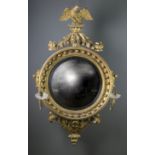 A Regency circular gilt framed wall mirror, with eagle surmount, sphere decoration and ebony slip