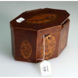 A George III marquetry inlaid sycamore lozenge form two section tea caddy, with panels of