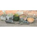 A pair of reconstituted stone garden planters, of square tapering form, three other planters, a 19th