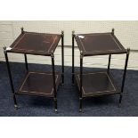 A pair of 20th century brass framed and tooled leather two tier occasional tables, each with acorn