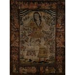 An early 20th century silk and wool pictorial Isphan rug, the ivory ground with figures of a