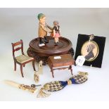 A mixed collector's lot, including a 19th century silhouette portrait in ebonised frame, a doll's