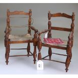 A pair of Victorian miniature turned beech wood open arm chairs, with 'Cupid's bow' splat bars and