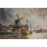 Louis Van Staaten (Dutch 1836-1909) River estuary with barges and windmill watercolour, signed 36