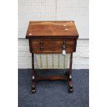 A Victorian rosewood work table, the rectangular fold over swivel top above two drawers and basket