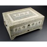 A circa 1810/1820 Anglo-Indian Vizagapatam ivory box, overall decorated with views of pavilions