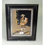 A late 19th century Italian pietra dura plaque, of a piper wearing a broad brimmed hat standing