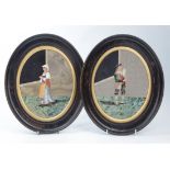 A pair of late 19th century Italian pietra dura plaques, a young man playing pipes and the other