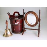 An ARP type bell, with turned wood handle, a small Edwardian toilet mirror and a 20th century