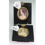 An Edwardian over-painted photograph portrait miniature, of a lady wearing an off the shoulder gown,