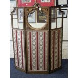 A 19th century carved wood and gilt three-fold part glazed boudoir screen, and inset fabric panels