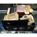 A collector's lot, including silver vesta case, baby's kid boots, a white five pound note,