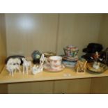 A mixed lot, including Noritake covered bowl, Tang-style blanc de chine horses, hardwood stands,