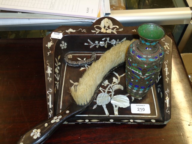A late 19th century lacquer painted and mother of pearl inlaid crumb brush and tray, a hallmarked