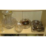 A heavy cut glass pedestal fruit bowl,together with other items of cut glass and silver plated