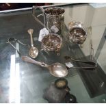 A small mixed lot of silver, including a 19th century mug (unmarked), pair of bun salts, pair of pin