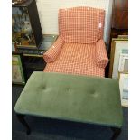 A small mid 20th century later upholstered armchair with loose covers, and a green velour