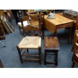 A rush seated ladderback chair, and a reproduction oak joint stool