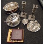 A good mixed lot of EPNS, including flatware and cutlery, tureens, egg cruet, butter dish,