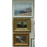 20th century European school, a sandy cove with fishing smacks, oil on board, together with two