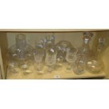 Two cut glass decanters and stoppers, two bowls and a small quantity of drinking glasses,