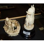 A Meiji Period carved ivory okimono, of two woodsmen beside various boxes and an orchid flower on