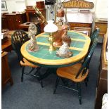 A beech 'D end' extending kitchen extending tile topped pedestal dining table, and a set of four