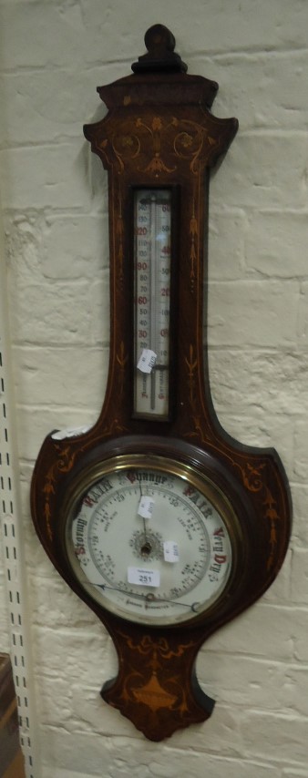 An Edwardian inlaid rosewood aneroid barometer and thermometer