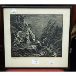 Woodblock engraving, smugglers on a mountain path, indistinctly signed in pencil, purchased Prague
