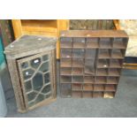 A 19th century oak astragal glazed hanging corner cupboard and flight of oak pigeon holes