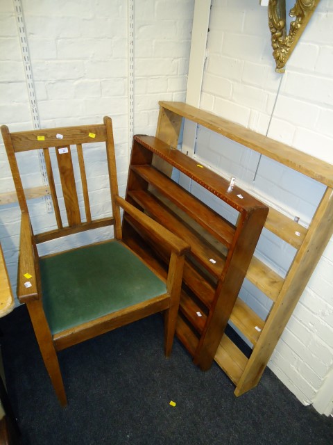 An early 20th century oak carver chair, and two sets of open wall mounting four tier shelves 47.