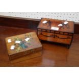 A French olive wood jewellery box, with hand painted floral decoration, together with a satin wood