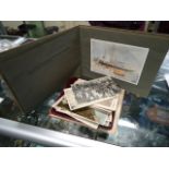An Edwardian red hide covered autograph book, containing competent amateur drawings, paintings and