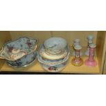 A mixed lot of ceramics, including a Samson-type bowl, dressing table candlesticks, blue and white