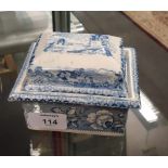 An early 19th century Staffordshire blue and white transfer printed pottery soap box, with domed