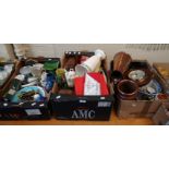 Three boxes of various ceramics and other items, including miniature brass ornaments, barometer