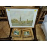 Two miniature oil landscapes, signed Margaret Knowles, and a framed print of Banbury after F E